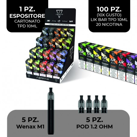 - LIK BAR - KIT 2 - LIQUIDI 10 ML - 100pz Nic 20 in sali + 5 kit Wenax M1 + 5 POD da1,2