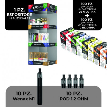 - LIK BAR - KIT 3 - LIQUIDI 10 ML - 100pz Nic 20 in sali + 100pz Nic 0 + 10 kit Wenax M1 + 10 POD da1,2